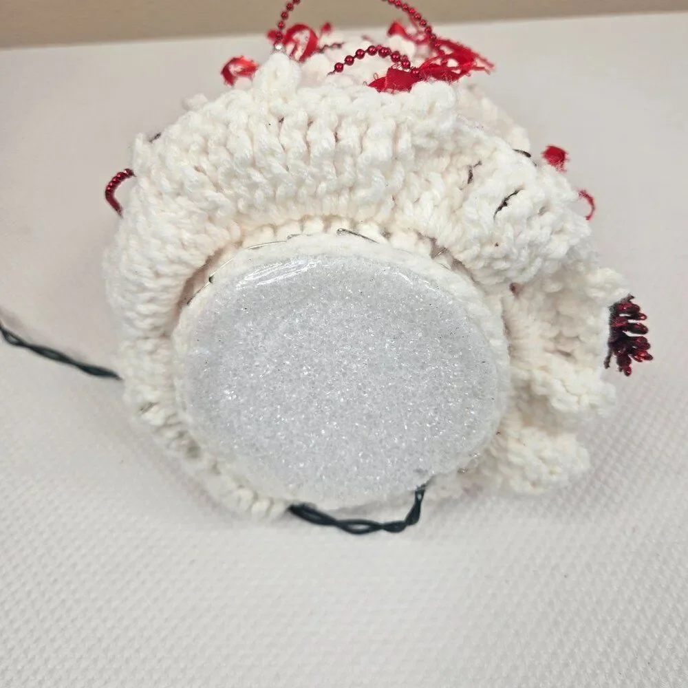 Vintage 80s Crochet Handmade White Christmas Tree Red Ribbons Ornaments Lights U
